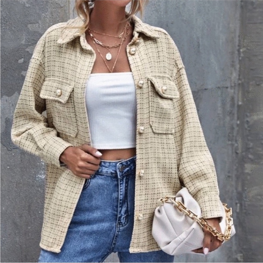 Embellished Pearl Button Elegant Cream Jacket style Shirt